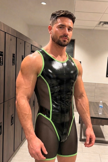 Mysteryglove Black & Neon Green Gloss PU Leather Mesh Singlet Bodysuit, Front & Back Full-Length Zip + Contrast Trim