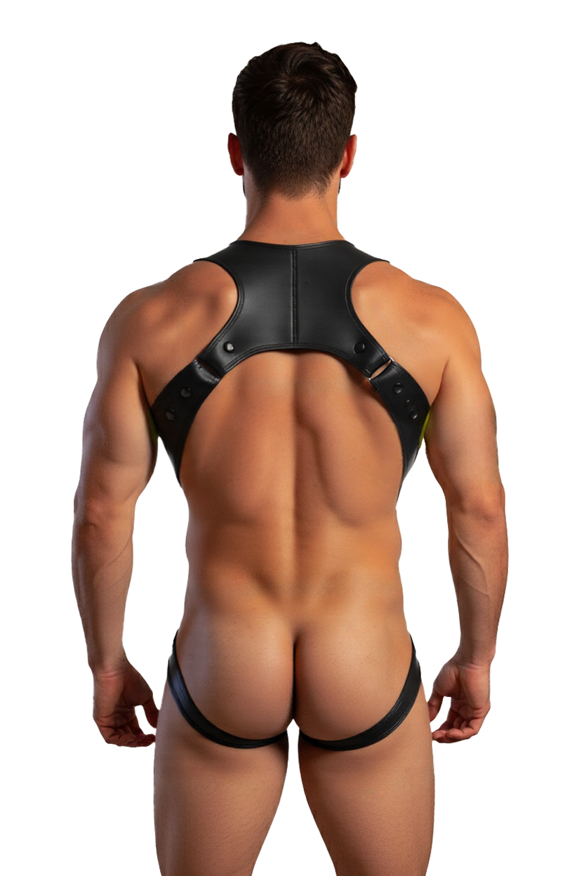 Mysteryglove PU Leather Neon Green and Black Harness & Thong Set