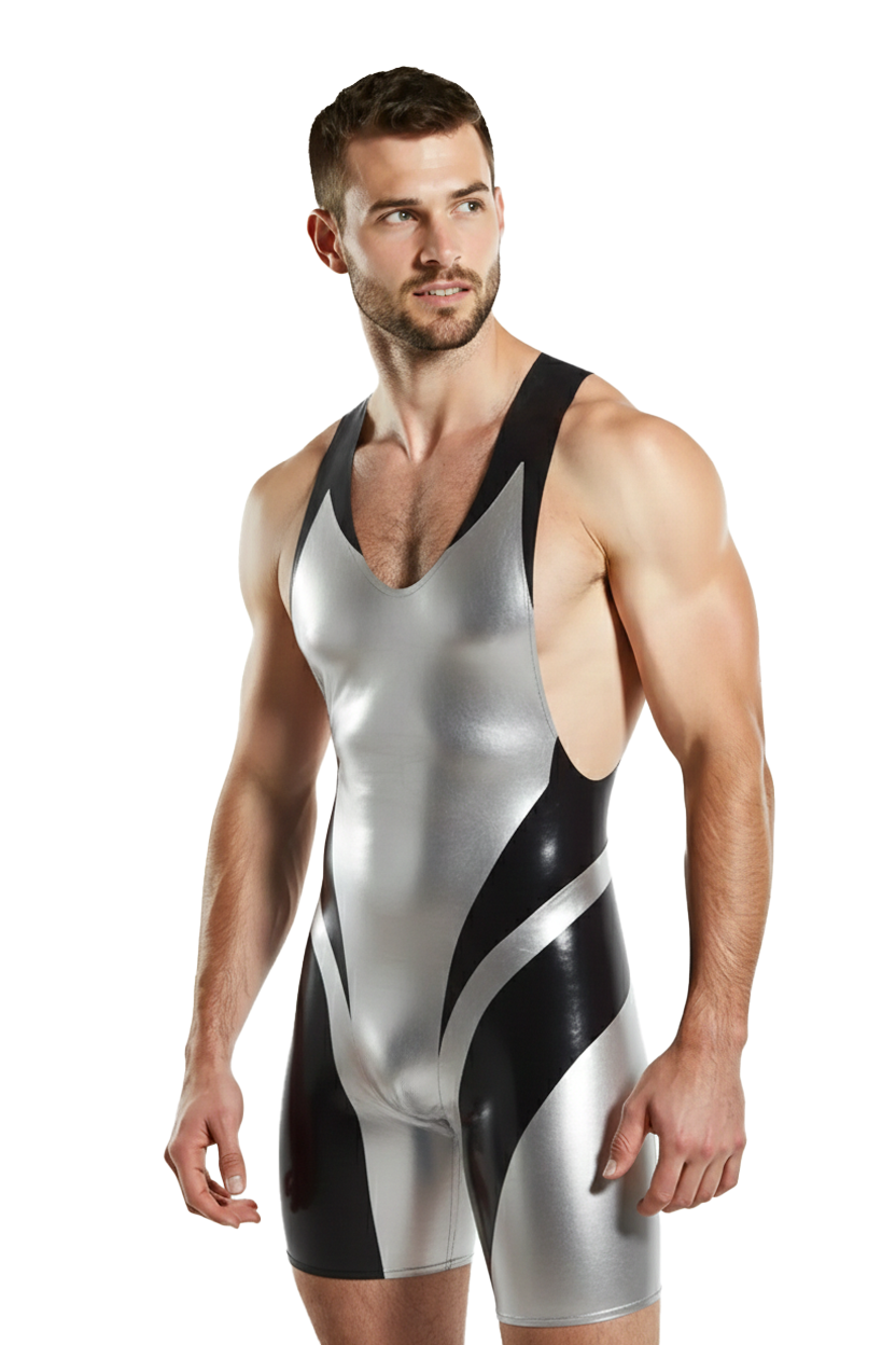 Mysteryglove Men's Silver PU Leather Wrestling Bodysuit