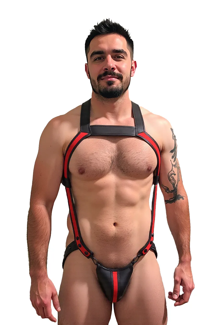 Mysteryglove Blue, Black & Orange PU Leather Men's Harness - Bold Design