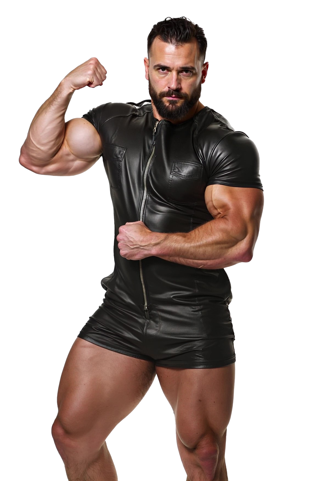 Mysteryglove Black Leather Muscle Bodysuit with Zipper Detail