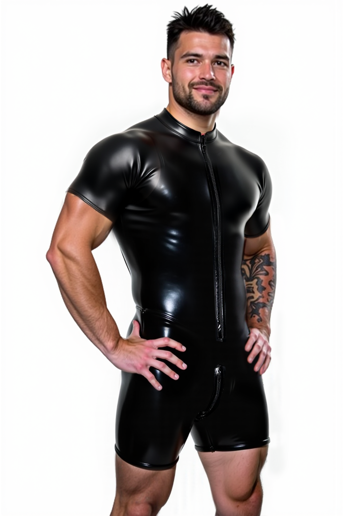 Mysteryglove Men’s Black Leather Muscle Suit with Zipper Detail and Fitted Look