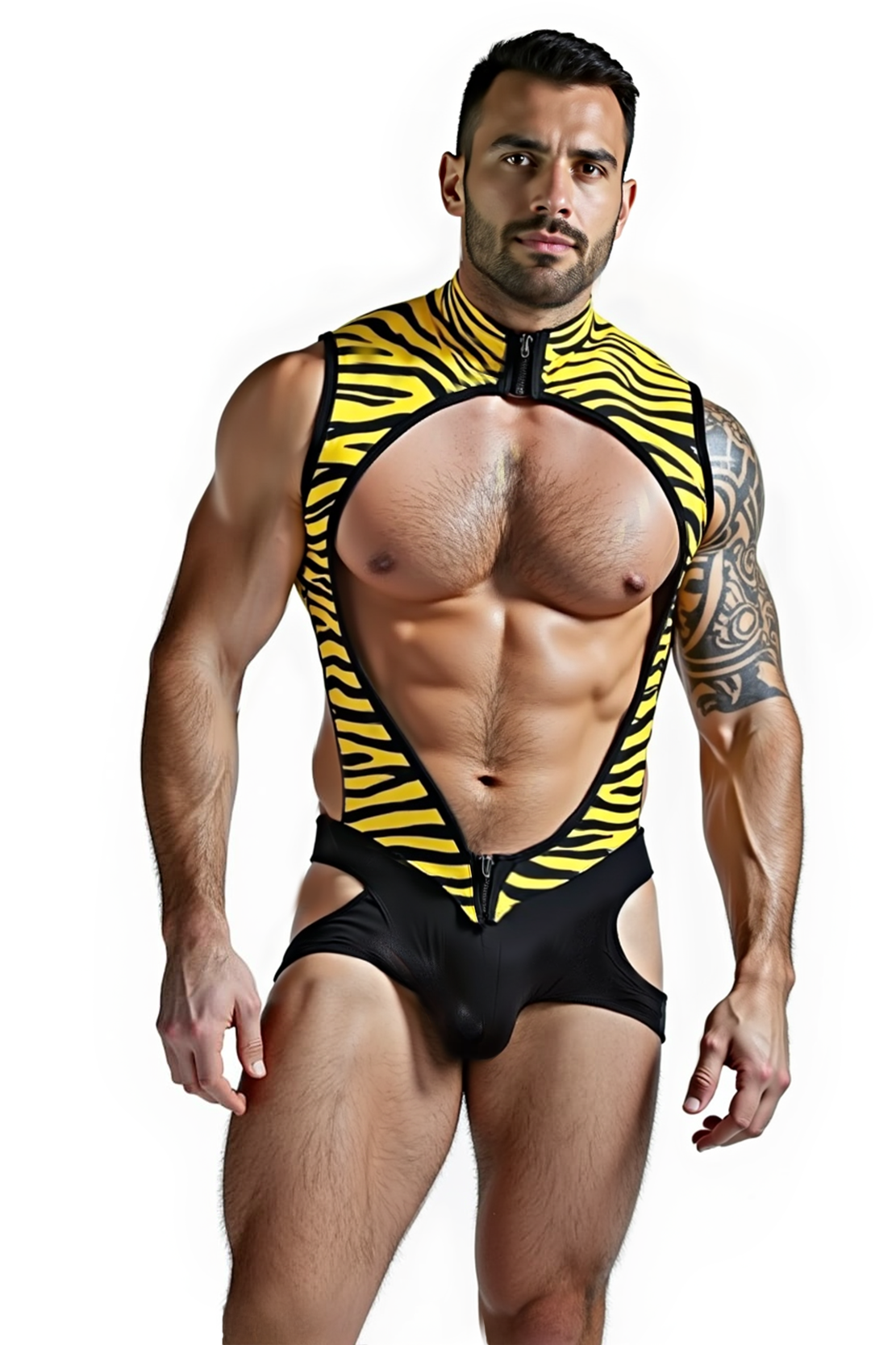 Mysteryglove Men's High Fashion Black and Yellow Tiger Stripe Bodysuit with Bold Cutouts 中文: