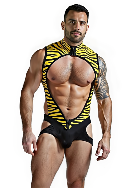 Mysteryglove Men's High Fashion Black and Yellow Tiger Stripe Bodysuit with Bold Cutouts 中文: