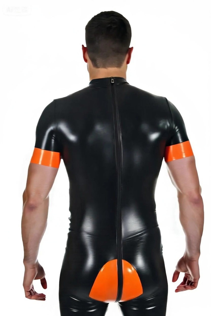 Mysteryglove Men’s Black & Orange PU Leather Bodysuit Shorts with Paw Prin
