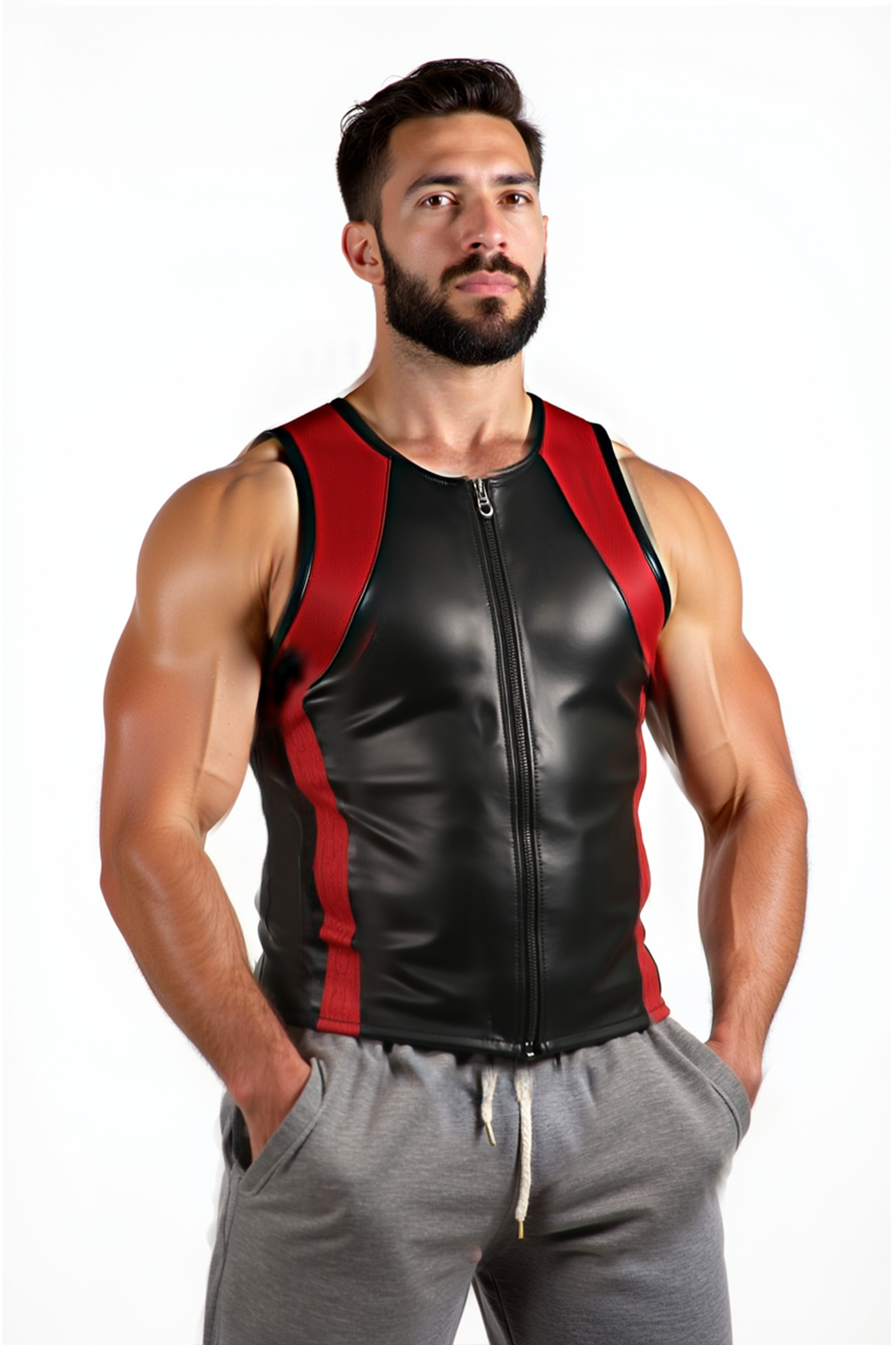 Mysteryglove Men's Black Faux Leather Tank Top with Red Accents and Zipper