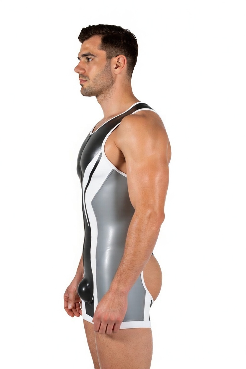 Mysteryglove Men’s PU Leather Open Back Bodysuit – Sleeveless Zipper Desig
