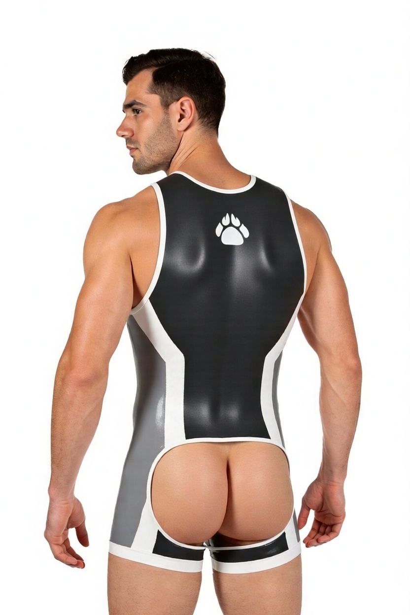 Mysteryglove Men’s PU Leather Open Back Bodysuit – Sleeveless Zipper Desig