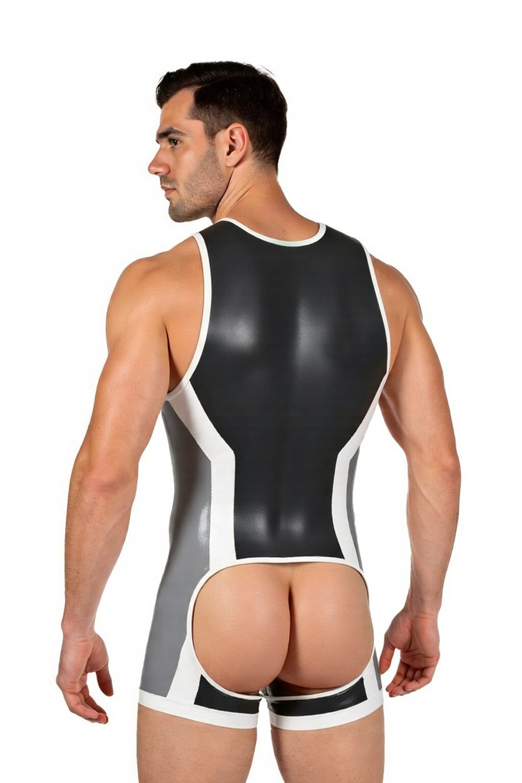 Mysteryglove Men’s PU Leather Open Back Bodysuit – Sleeveless Zipper Desig
