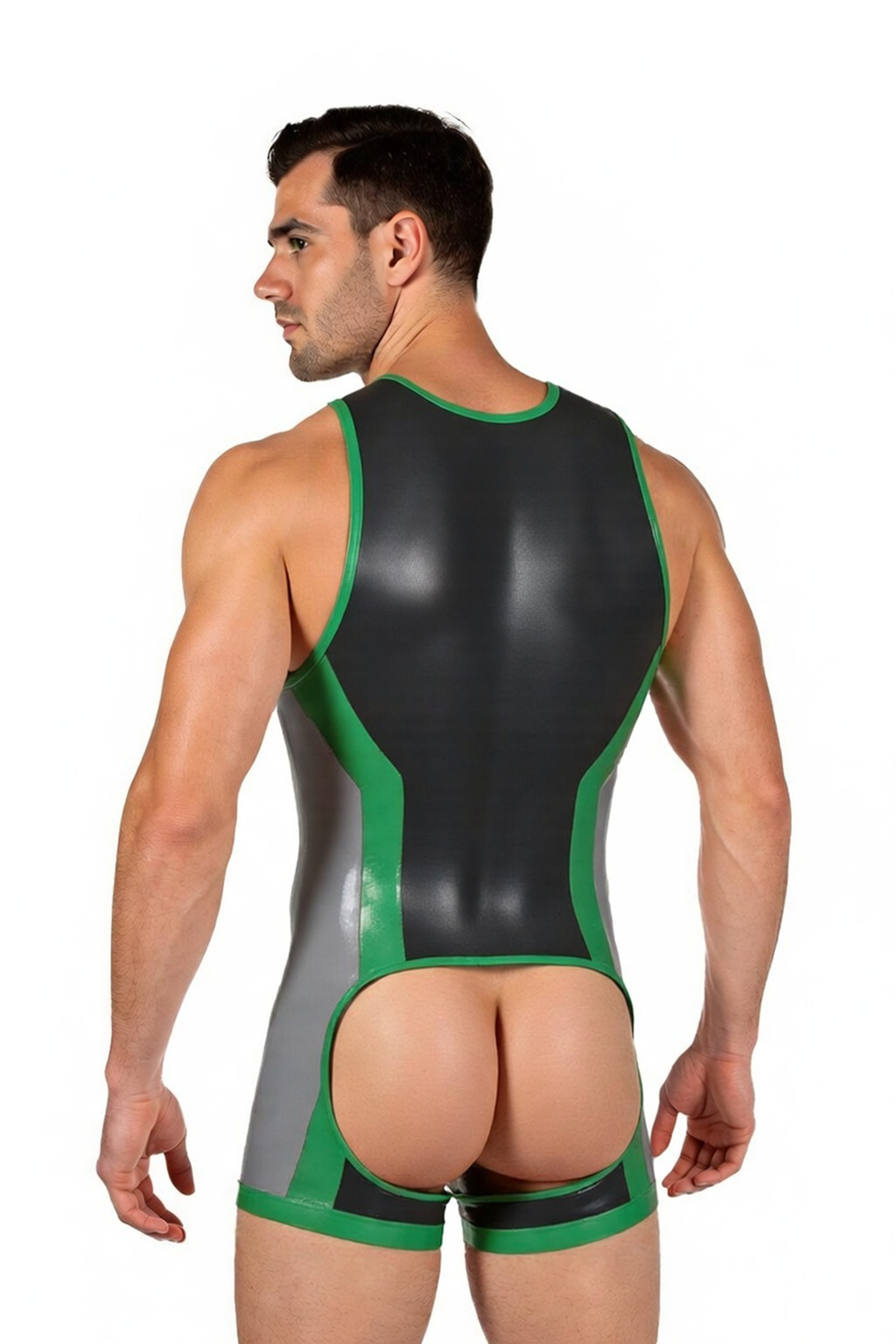 Mysteryglove Men’s PU Leather Open Back Bodysuit – Sleeveless Zipper Desig