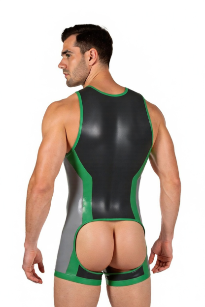 Mysteryglove Men’s PU Leather Open Back Bodysuit – Sleeveless Zipper Desig