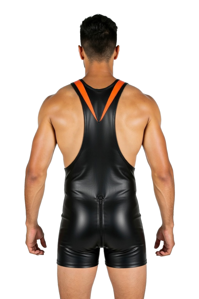 Mysteryglove PU Leather Wrestling Bodysuit with Bold Orange Stripes
