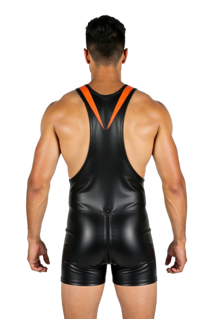 Mysteryglove PU Leather Wrestling Bodysuit with Bold Orange Stripes