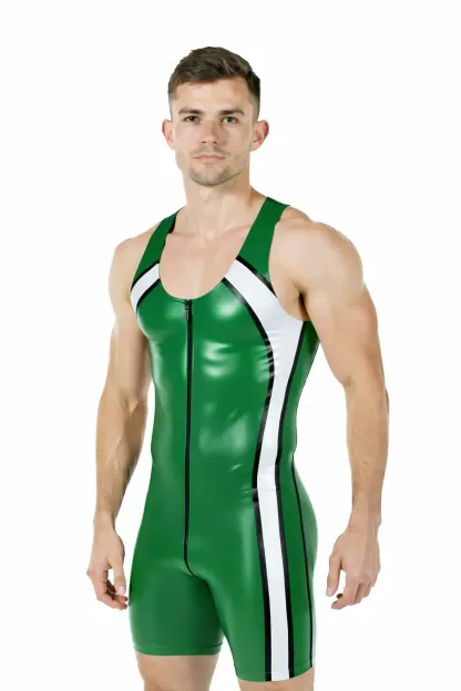 Mysteryglove PU Leather Bodysuit with Unique Back Cutout - Blue and Light Blue