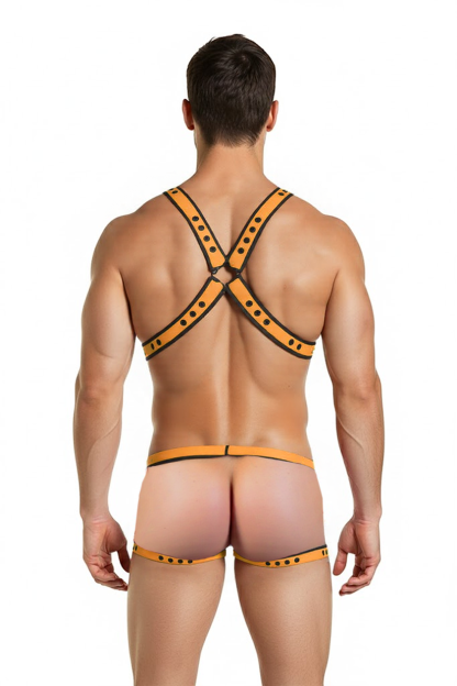 Mysteryglove Orange & Black Pu Leather Strapped Briefs Set