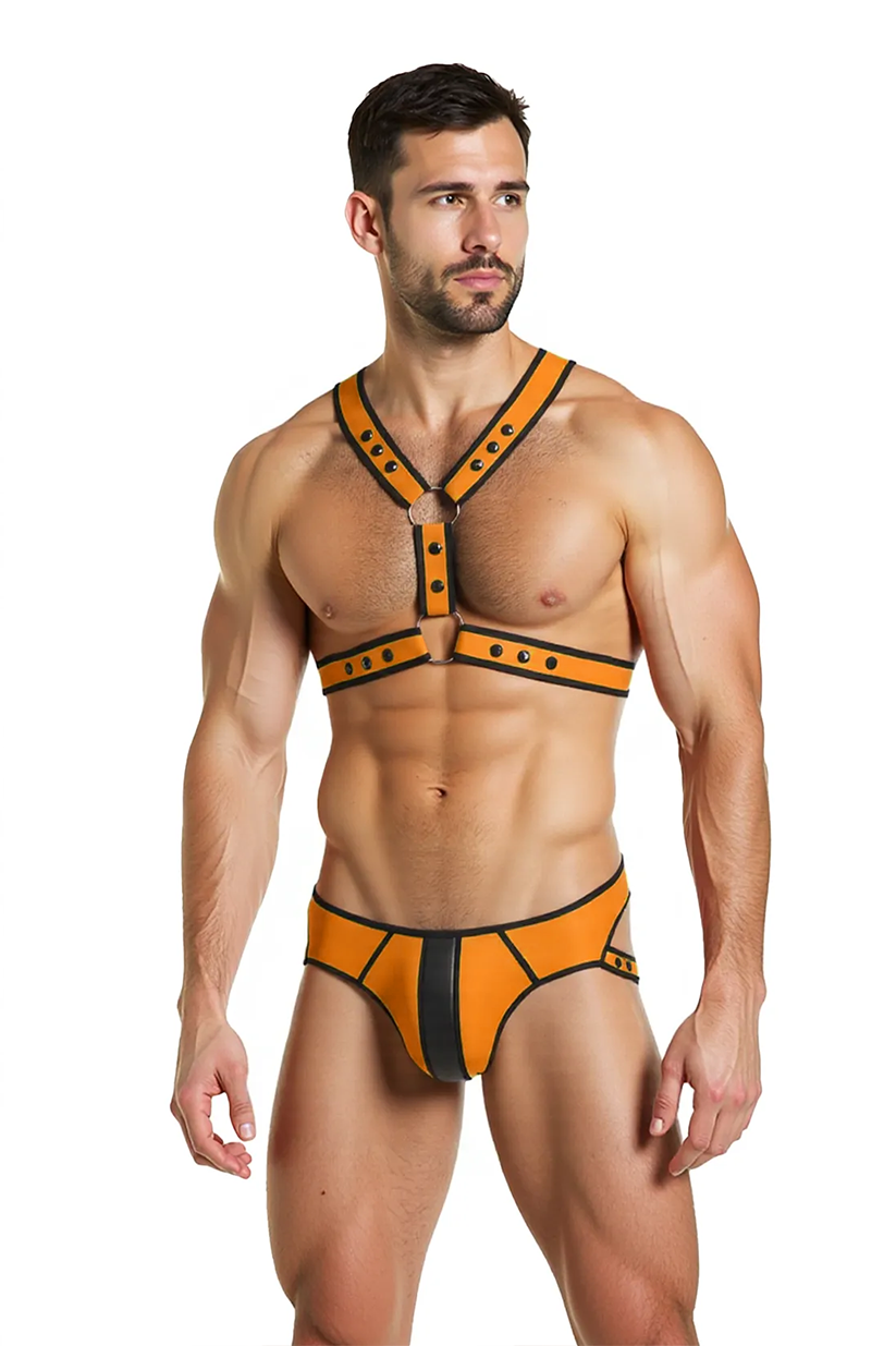 Mysteryglove Orange & Black Pu Leather Strapped Briefs Set