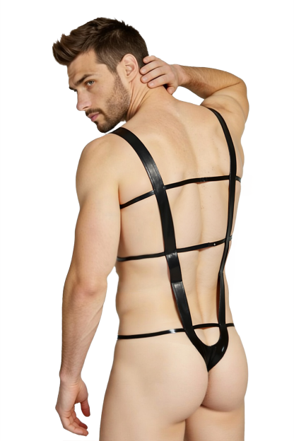 Mysteryglove Men’s PU Leather Cage Harness Bodysuit – Sexy Open Chest Jockstrap