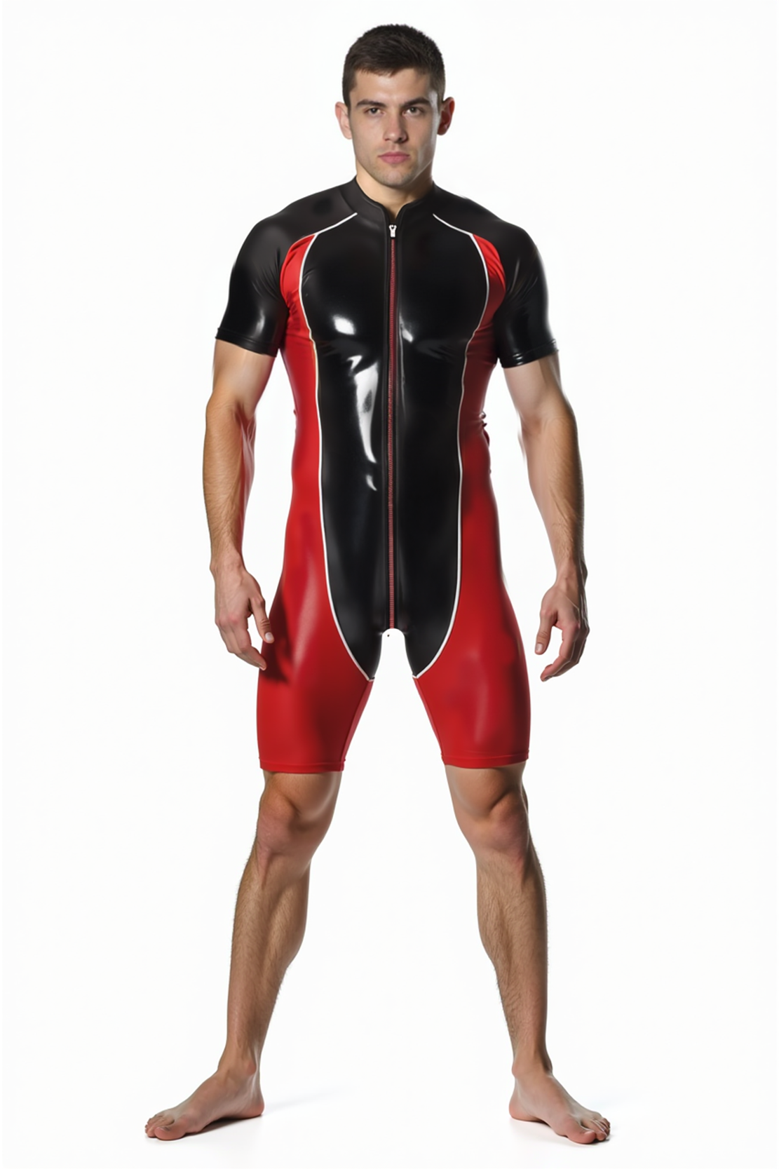 Mysteryglove Men's Black & Red Bodysuit with Zip Closure