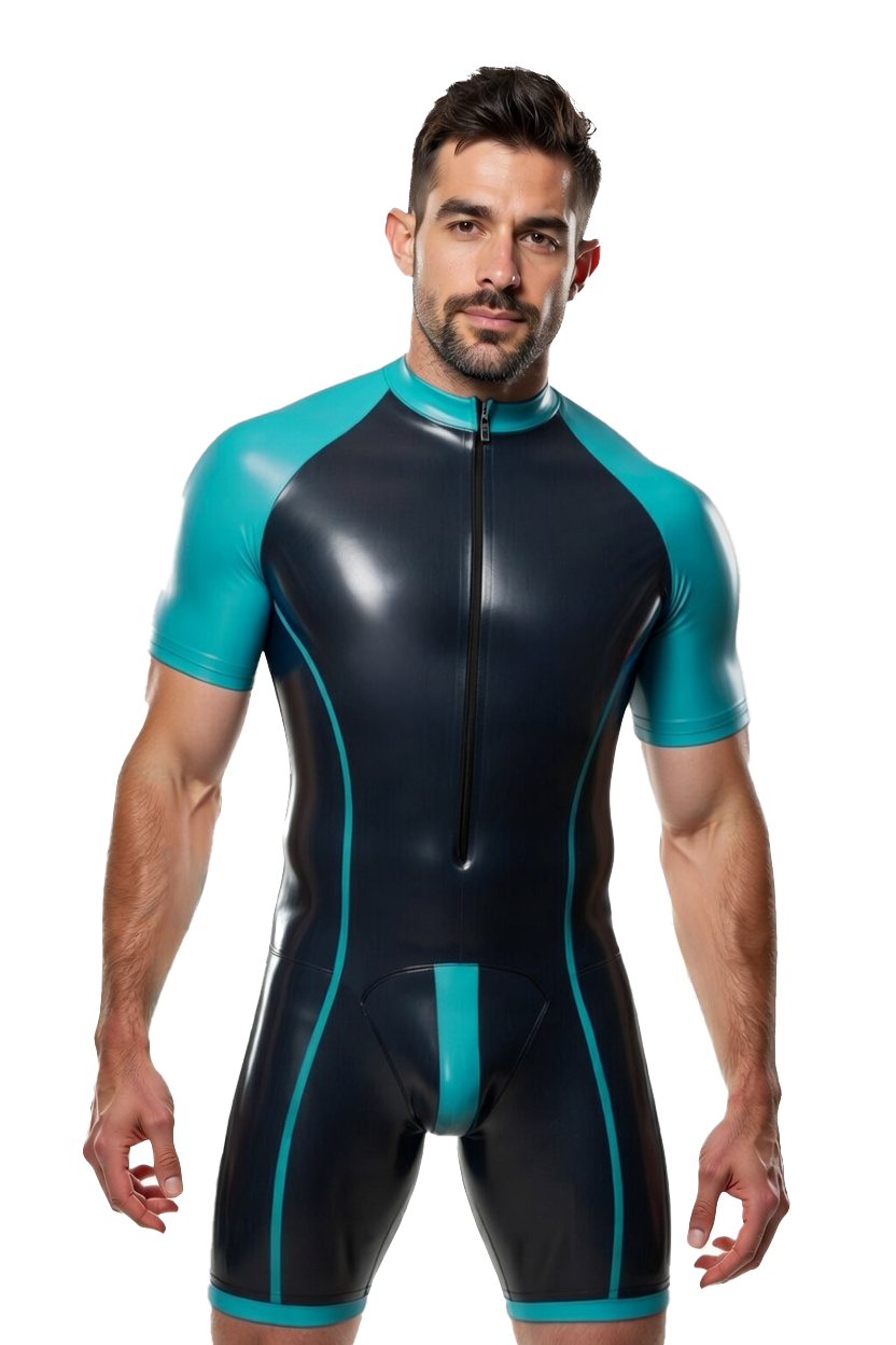 Mysteryglove Men’s PU Leather Zip-Front Short Bodysuit with Color Block Design