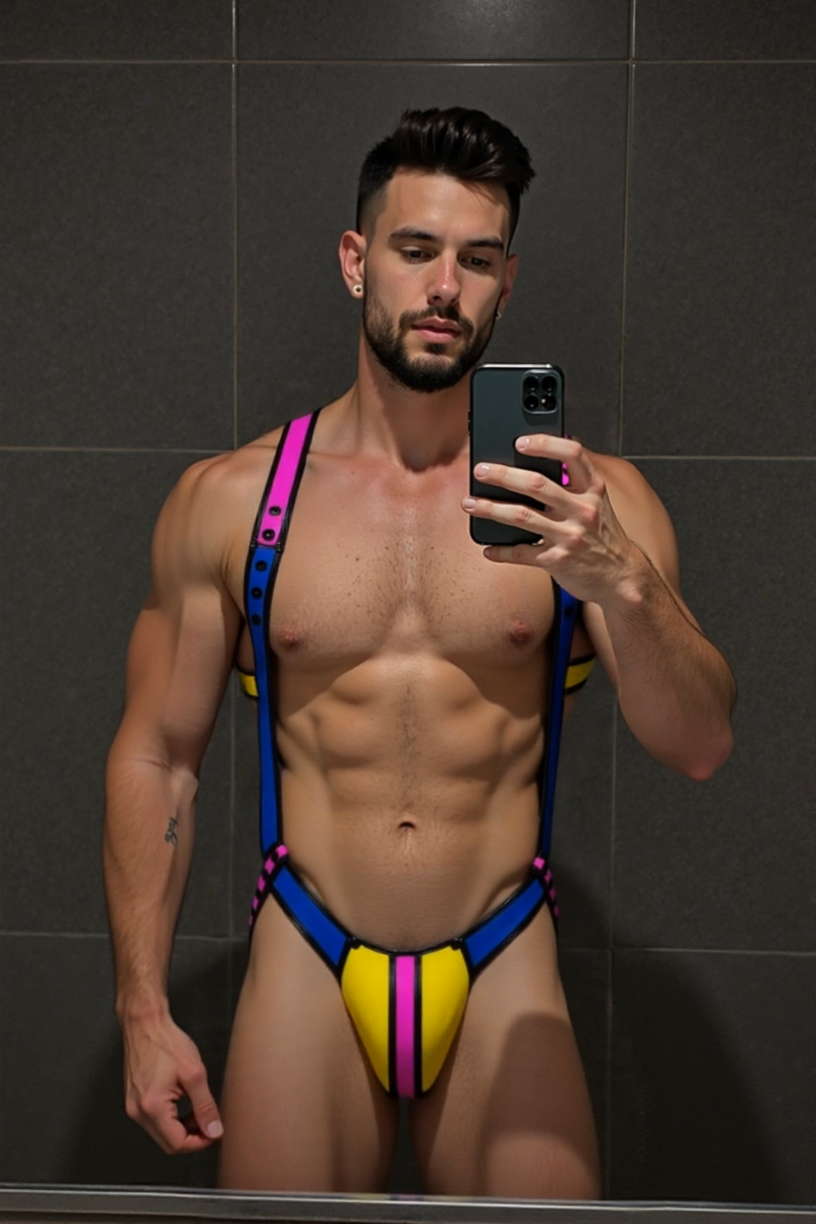 Mysteryglove Color-Block PU Leather Harness - A Bold Fusion of Pink, Blue & Yellow