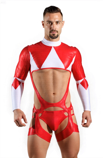 Mysteryglove Men’s PU Leather Cutout Bodysuit – Red& White Geometric Long Sleeve Open Chest Design