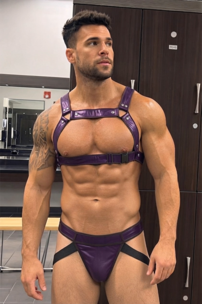 Mysteryglove Purple PU Leather Chest Harness & Jockstrap Set for Men