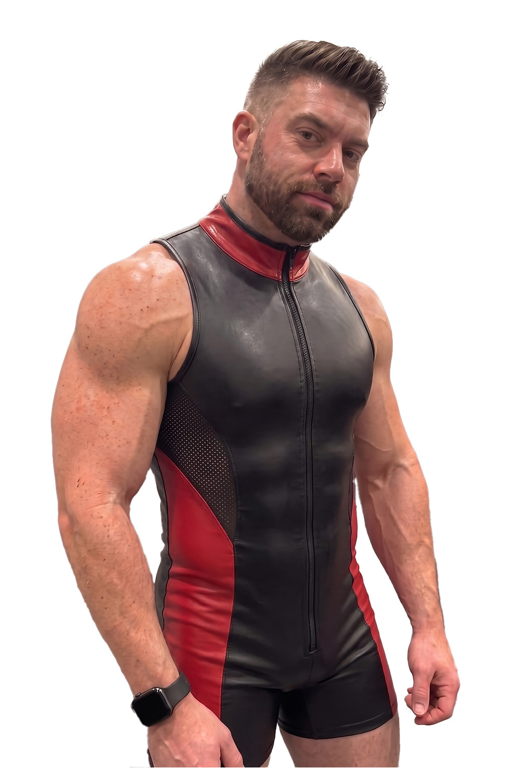 Mysteryglove Black & Red Gloss PU Leather Singlet Bodysuit, Front Full-Length Zip + Mesh Side Panels + Contrast Design