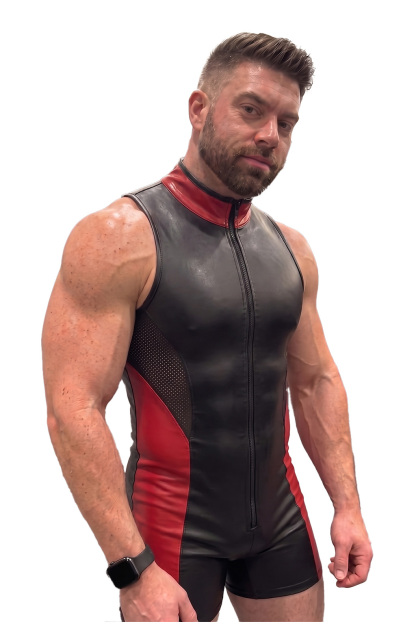 Mysteryglove Black & Red Gloss PU Leather Singlet Bodysuit, Front Full-Length Zip + Mesh Side Panels + Contrast Design