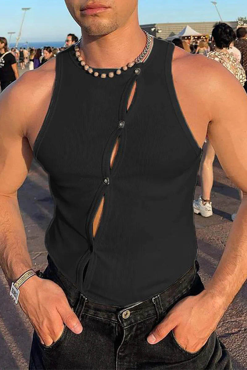 Casual Hollow Out Button Solid Color Tank Top
