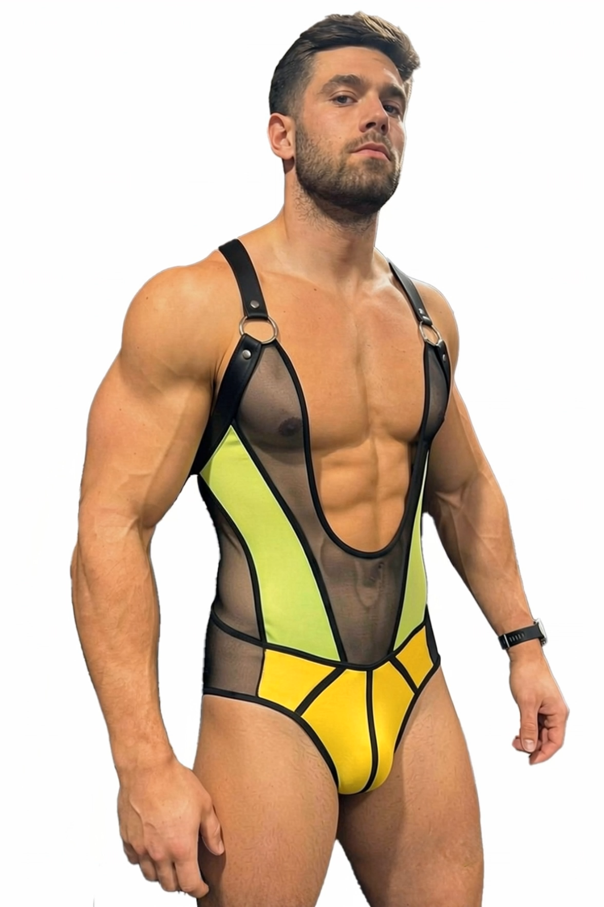 Mysteryglove Sheer Mesh Colorblock Singlet – Neon Green Panels + Yellow Pouch Front