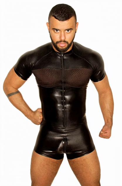 Mysteryglove Men’s Faux Leather Bodysuit with Mesh Panels