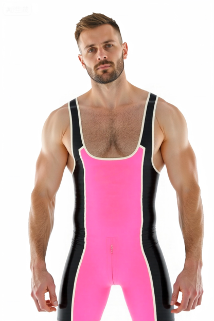 Mysteryglove Men's PU Leather Singlet Shorts Bodysuit, Sexy Color-Block Athletic Wear