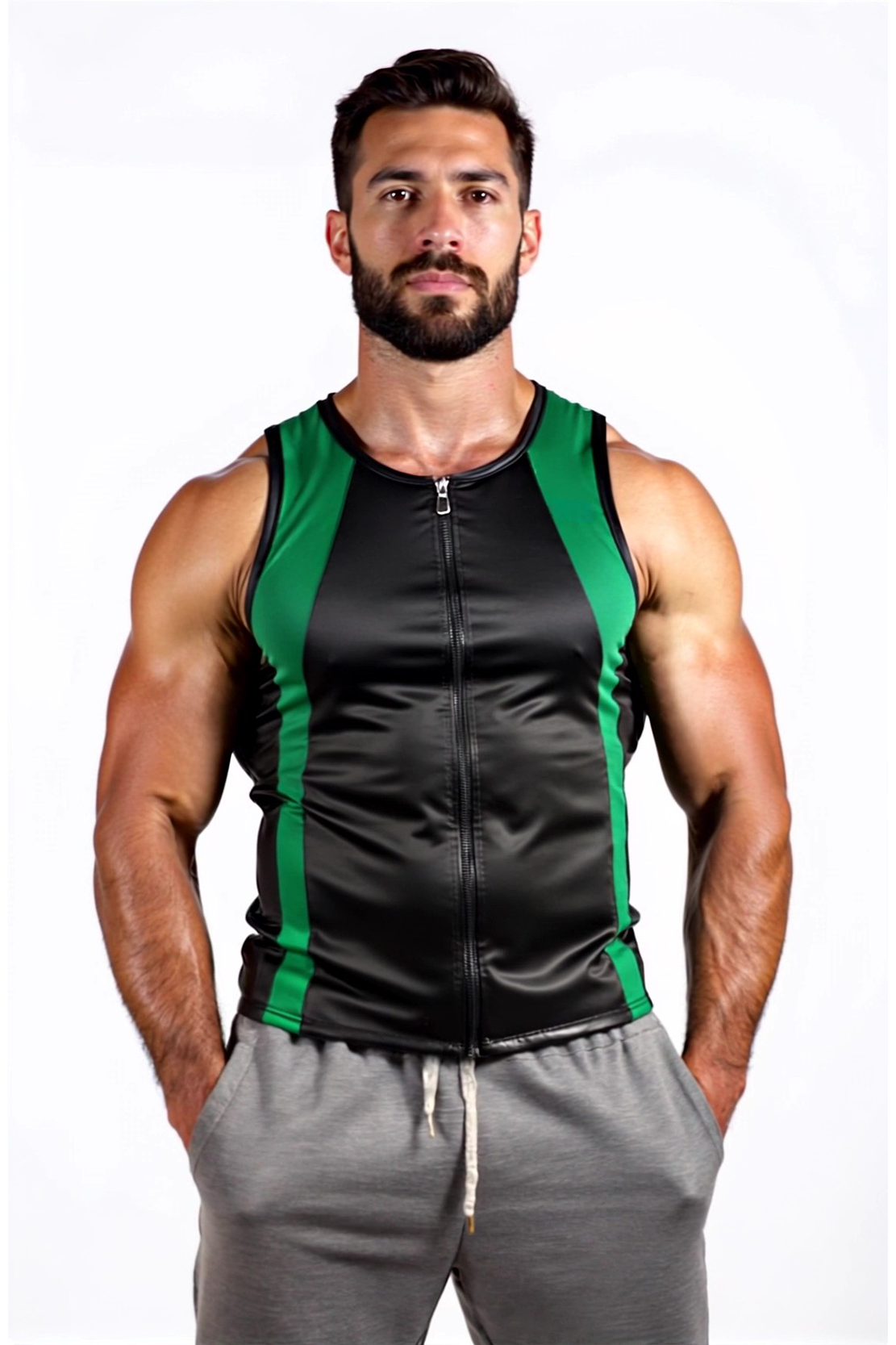 Mysteryglove Men's Black Faux Leather Tank Top with Red Accents and Zipper【Three colors】