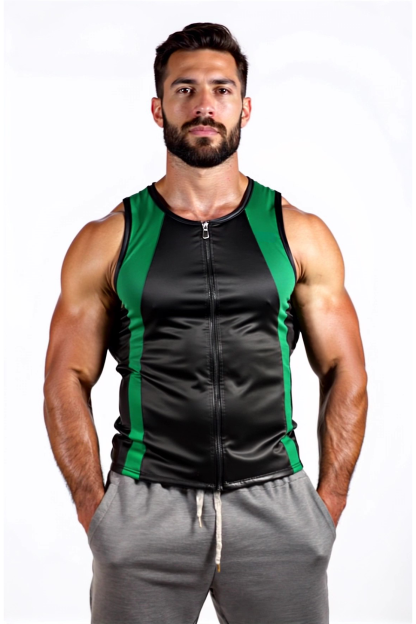 Mysteryglove Men's Black Faux Leather Tank Top with Red Accents and Zipper【Three colors】