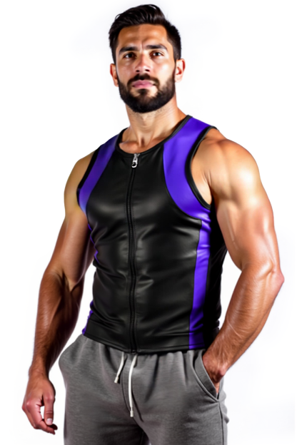 Mysteryglove Men's Black Faux Leather Tank Top with Red Accents and Zipper【Three colors】