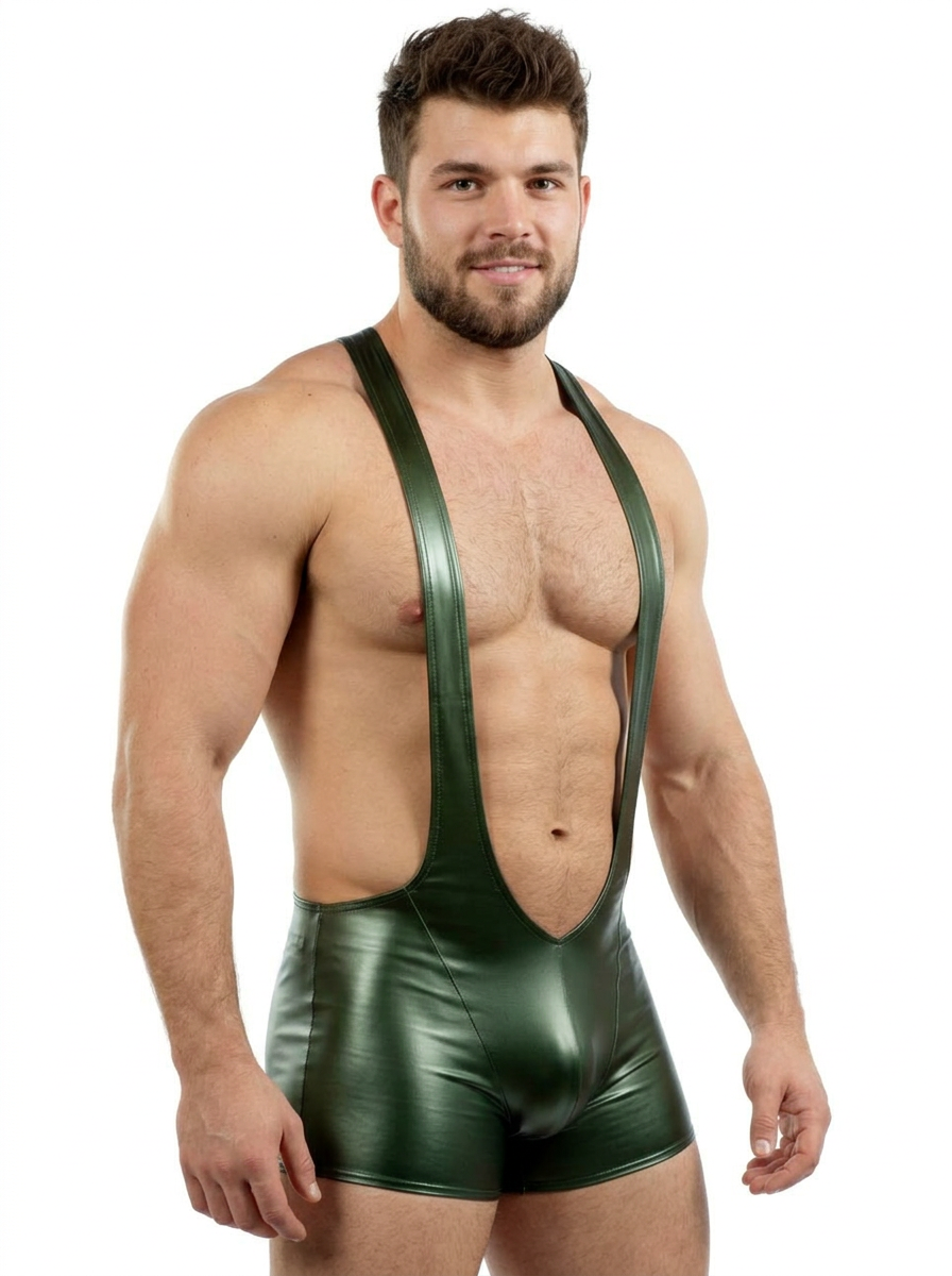 Mysteryglove Men's Green PU Leather Wrestling Singlet – Bold & Comfortable 