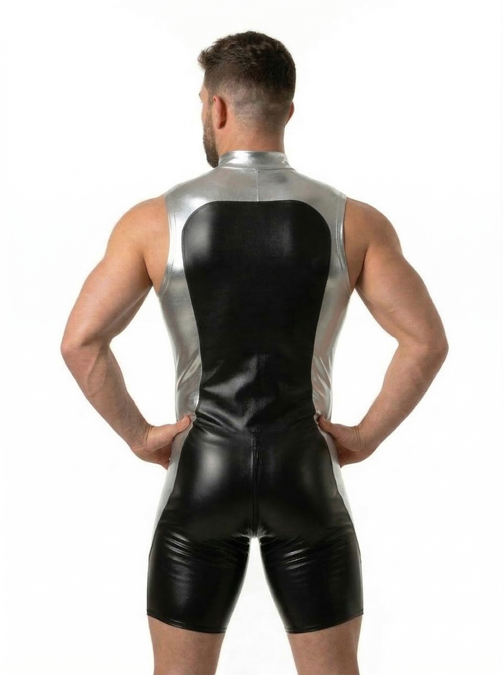 Mysteryglove Men's Black and Orange PU Leather Bodysuit with Zipper