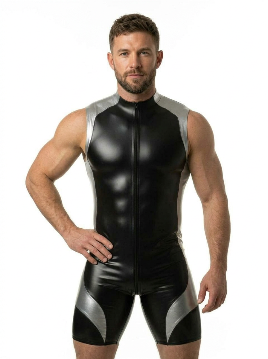 Mysteryglove Men's Black and Orange PU Leather Bodysuit with Zipper