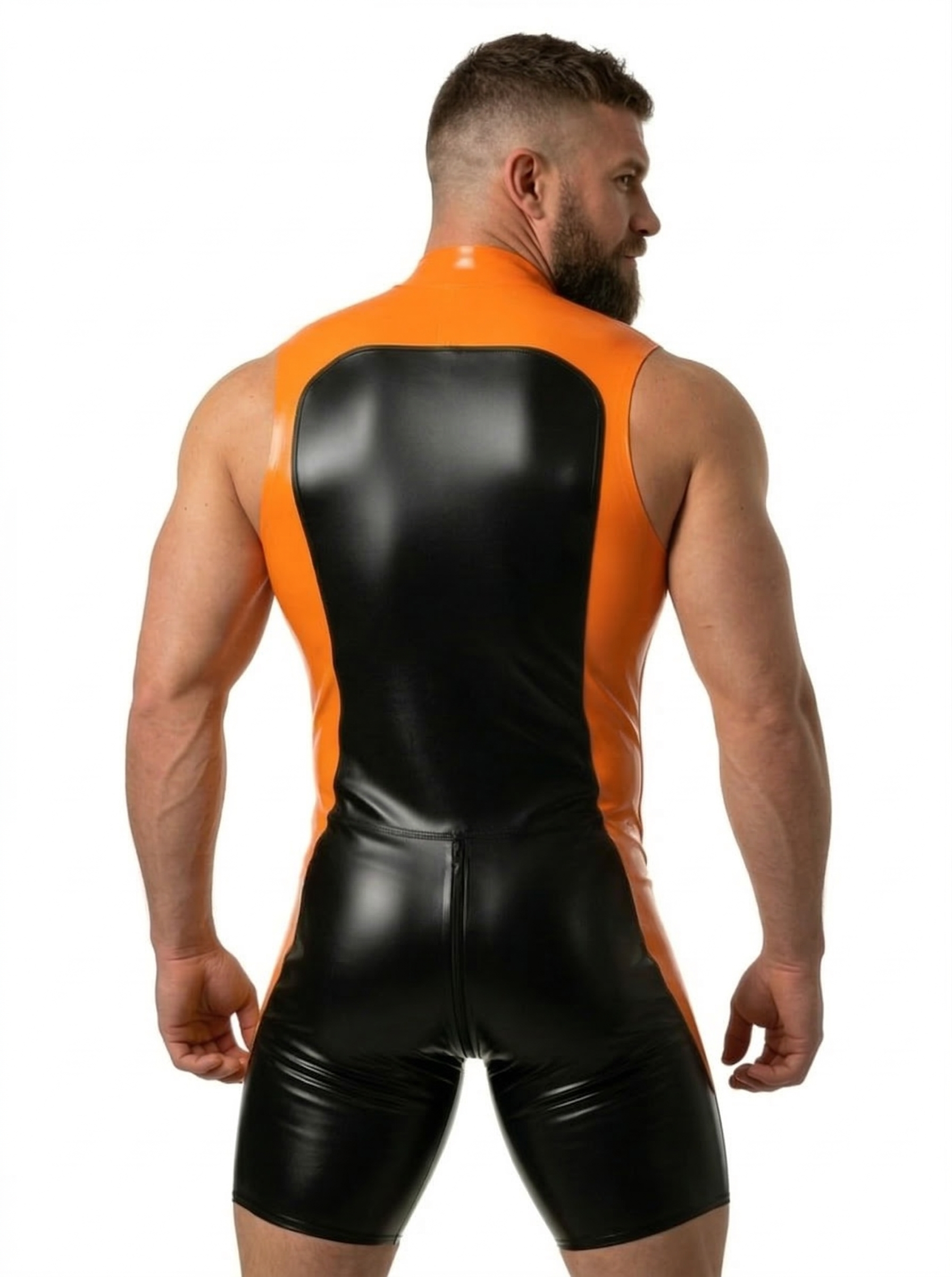 Mysteryglove Men's Black and Orange PU Leather Bodysuit with Zipper