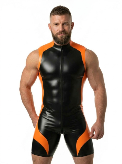 Mysteryglove Men's Black and Orange PU Leather Bodysuit with Zipper