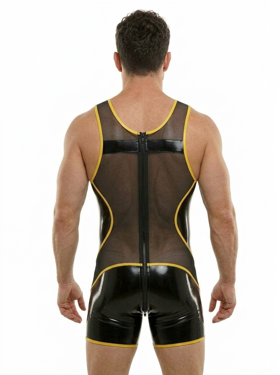 Mysteryglove Men’s "Circuit-Mesh" Dual-Zip Bodysuit – High-Shine Black & Neon Yellow