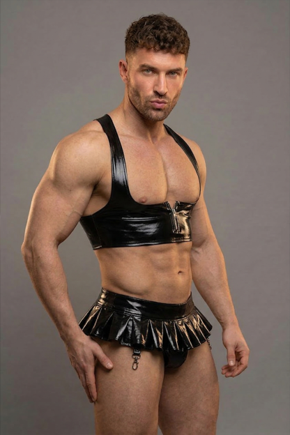 Mysteryglove Men's Patent Leather Crop Top & Pleated Skirt Thong Set – Sexy Clubwear Outfit