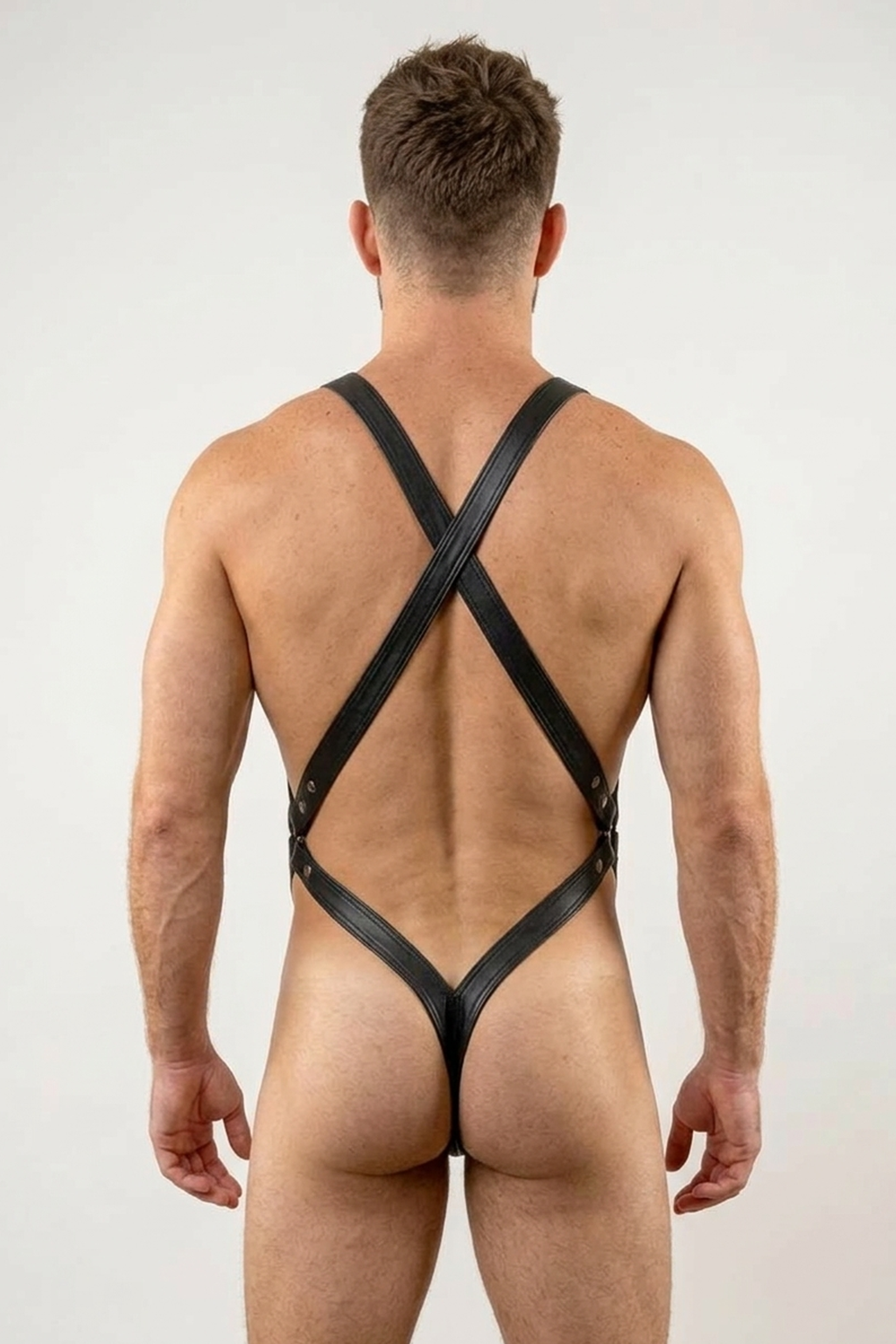 Mysteryglove Black PU Leather Harness Thong – Minimalist Bold Men's Lingerie