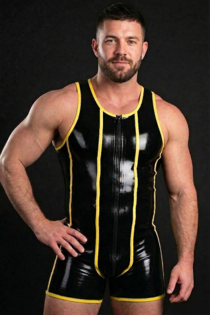 Product Introduction Mysteryglove PU leather wrestling singlet with bold yellow trim.  Fabric Smooth PU leather with slight stretch for flexible comfort.  Product Features Front zipper, body-contouring fit, sporty contrast detailing.  Usage Scenarios Perf