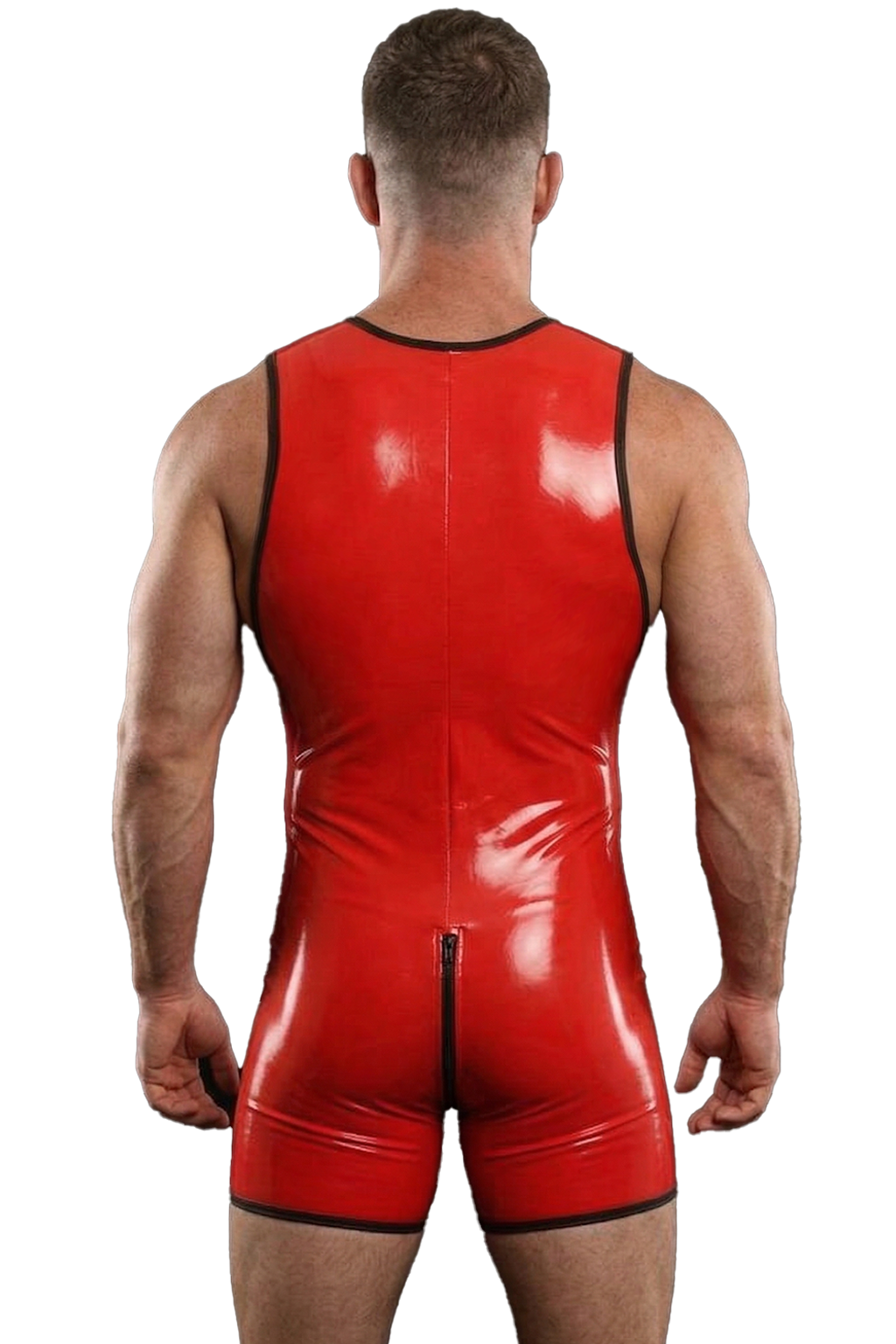 Mysteryglove Men's PU Leather Wrestling Singlet Red Sleeveless Front Zipper Bodysuit