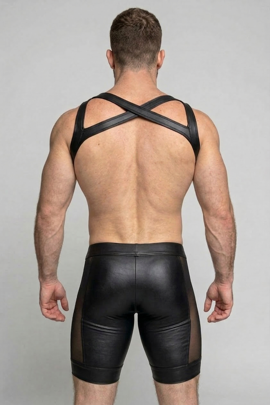 Mysteryglove Men's Leather Harness Set with Mesh Panel Shorts – Bold Clubwear Outfit