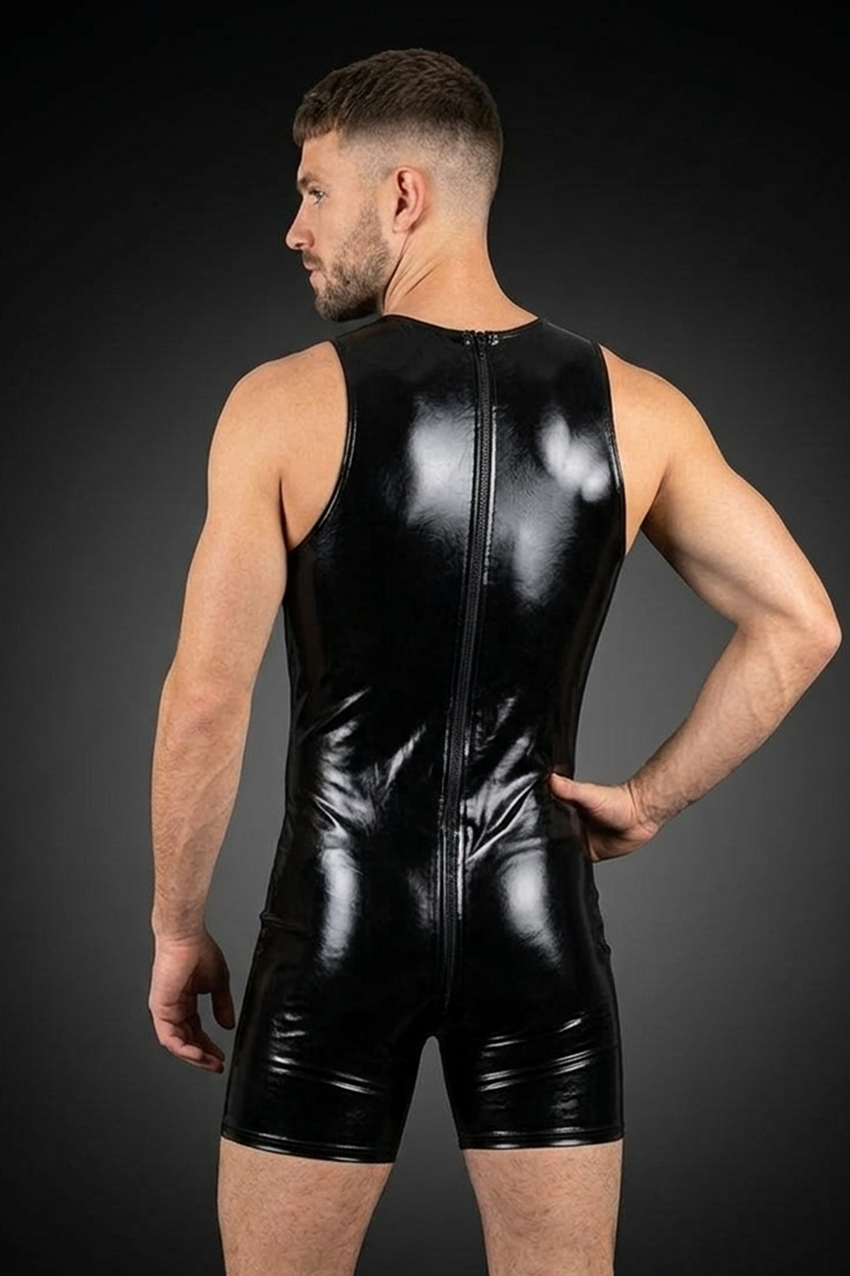 Mysteryglove Men's PU Leather Bodysuit – Sleeveless One-Piece Jumpsuit with Front Zipper