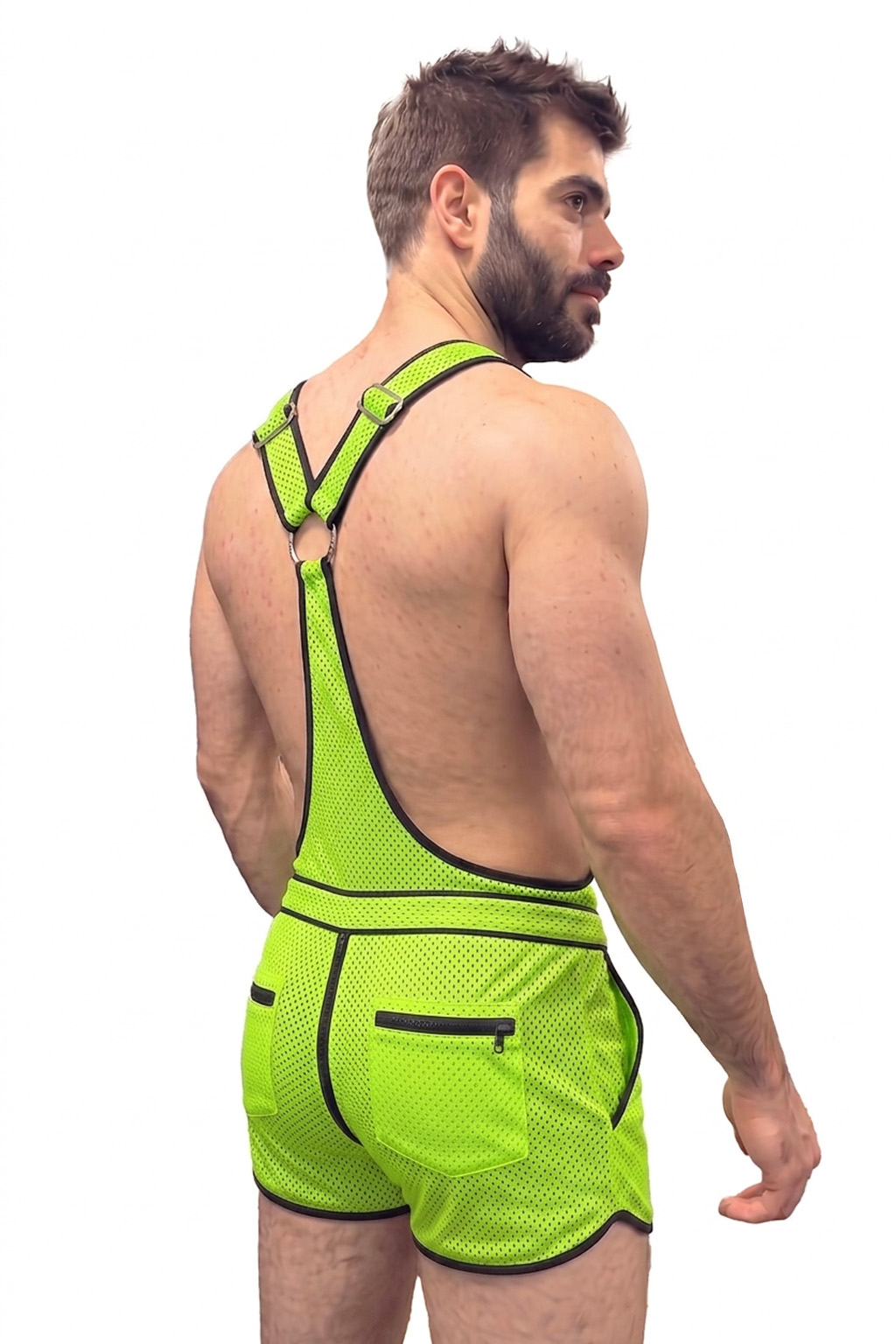 Mysteryglove Neon Mesh Suspender Set, Open-Side Bib Top + Zip-Front Pocket Shorts