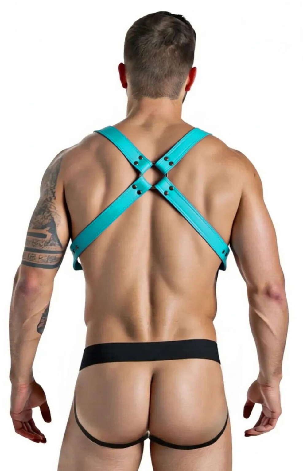 Mysteryglove Blue PU Leather Harness Jock Set – X-Back Straps with Matching Pouch Thong