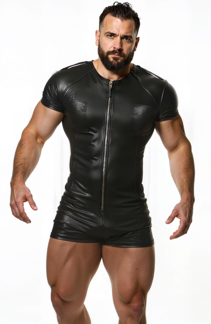 Mysteryglove Black Leather Muscle Bodysuit with Zipper Detail